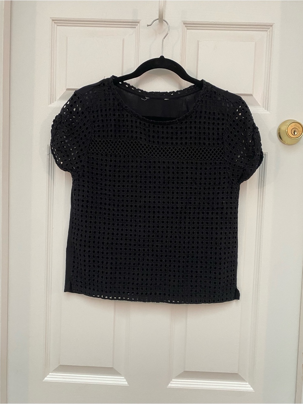 Black Short Sleeve Eyelet Overlay Blouse - small